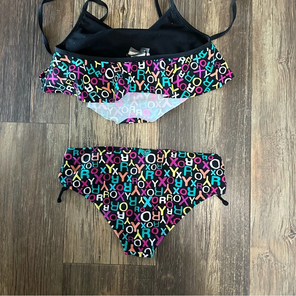 ROXY girl 2-piece bikini size 14 colorful logo flutter top swimsuit beach surf